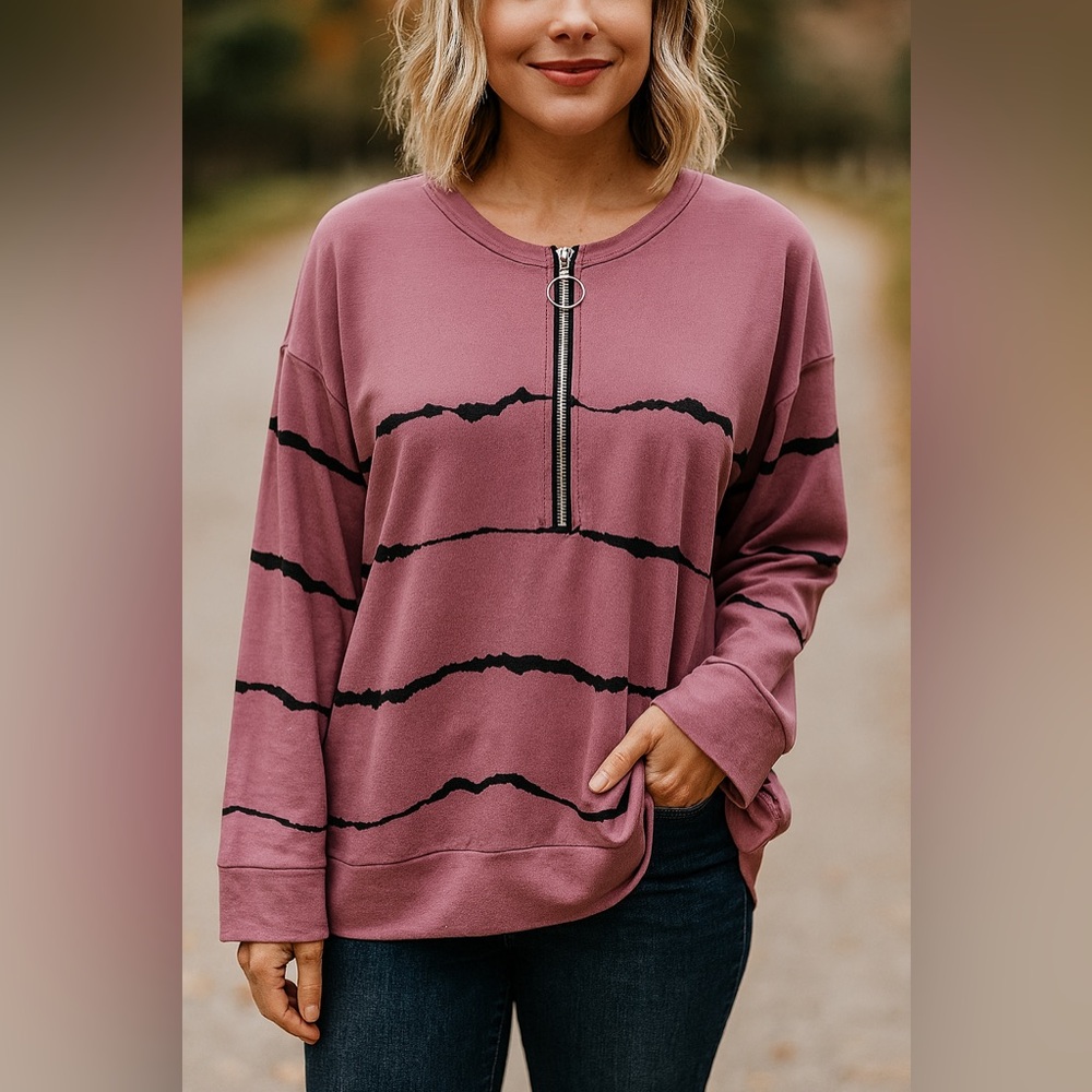 Pre-loved zipper pullover pink with black stripes great‎ condition Size Medium